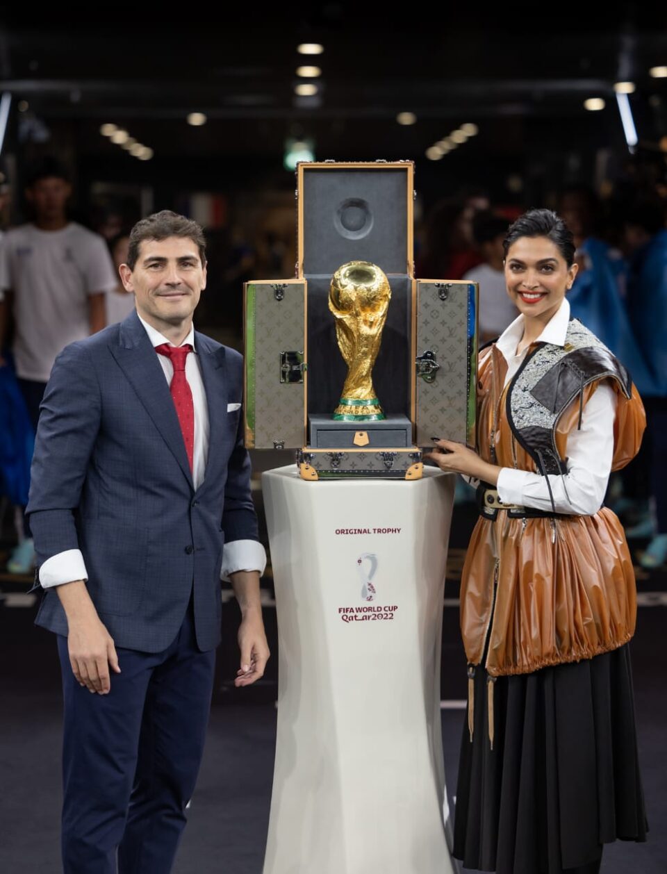 Deepika Padukone wears Louis Vuitton while presenting the FIFA World Cup Trophy in its Louis Vuitton Trunk at the FIFA World Cup Final Match